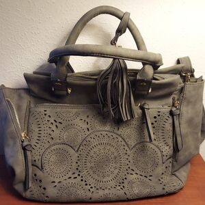 NWOT Elegant Gray Handbag Purse with Cutout Design Shoulder Strap Double Handles